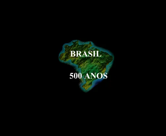 A glowing map of Brazil on a black background with BRASIL 500 ANOS written over it