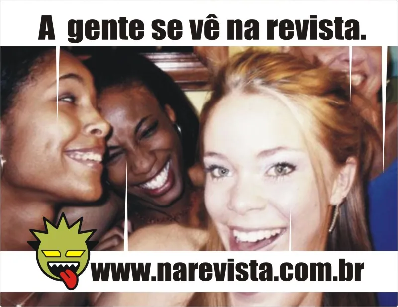 A bus shelter ad with three friends laughing at a party, A gente se vê na revista, and the Na Revista monster