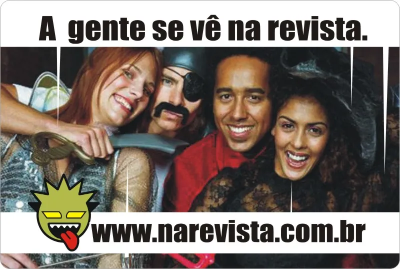 A busdoor ad with a group in costume at a party and www.narevista.com.br