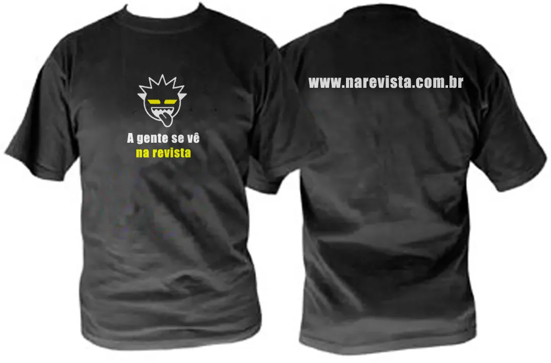 Black Na Revista t-shirts, front with the monster and the slogan, back with the URL