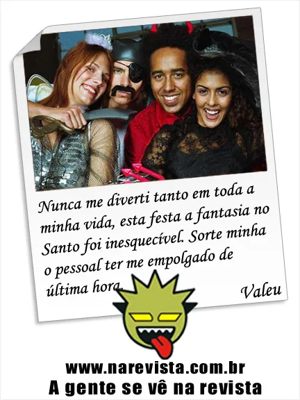 A newspaper ad shaped like a polaroid of a costume party, with a handwritten testimonial