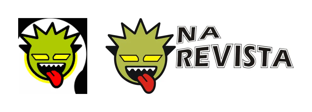 The Publisite mascot, a green spiky monster face with yellow eyes sticking out a red tongue, next to the Na Revista logo with the same monster