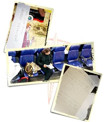 Collage of the book, the airport chairs and the handwritten note left inside it