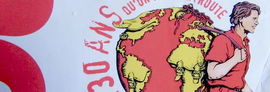 A red poster of a backpacker carrying the world, celebrating 30 years