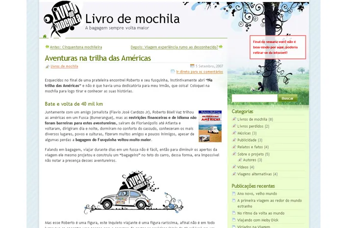 Screenshot of the Livro de Mochila blog