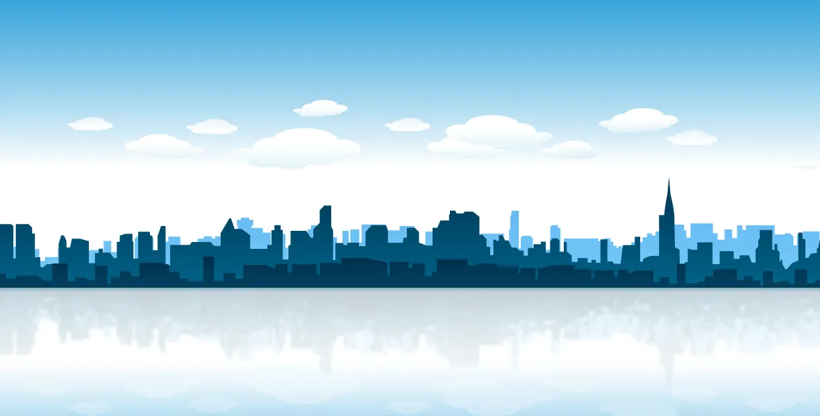 A flat illustrated city skyline under a blue sky with clouds, reflected in water