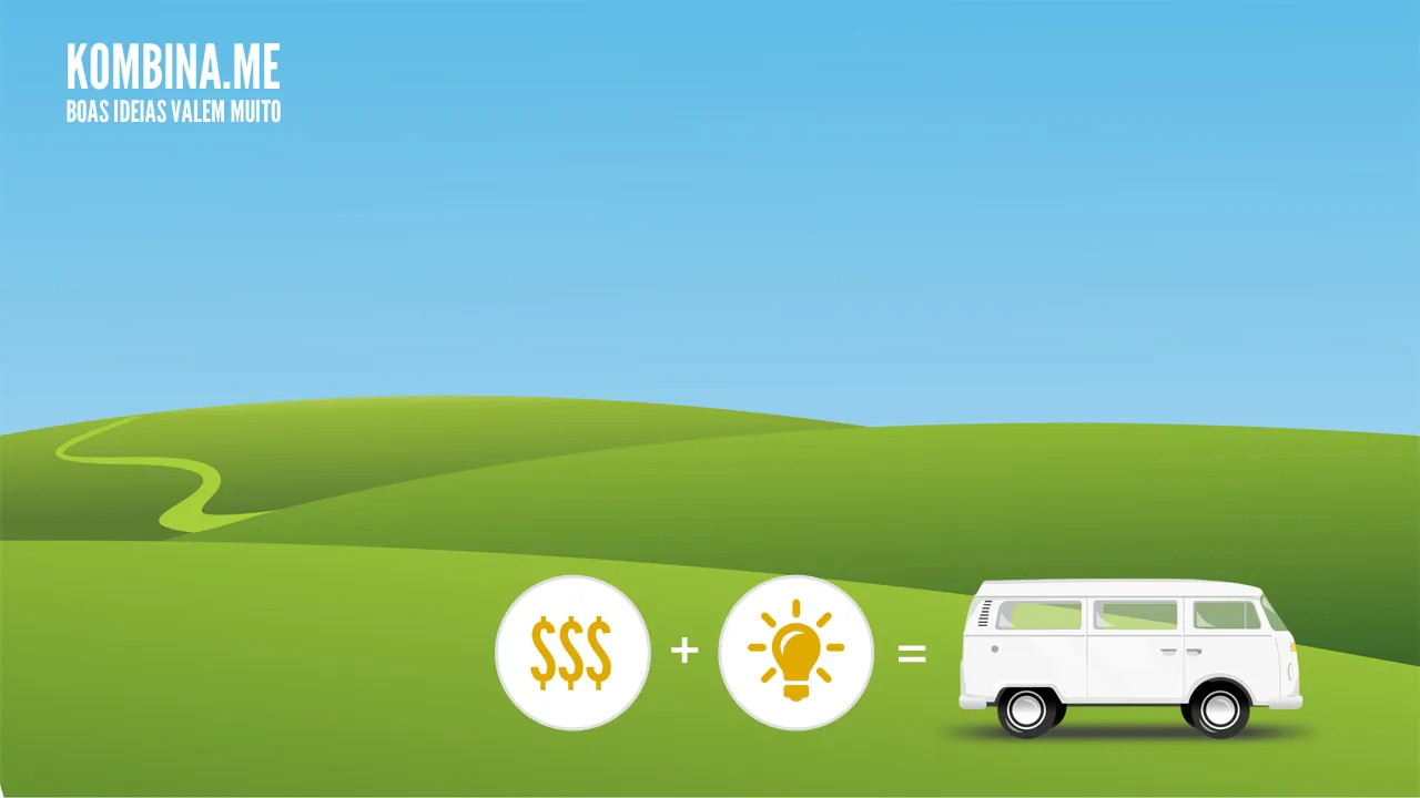 Kombina.me, boas ideias valem muito: money plus a light bulb equals a white Kombi on green hills