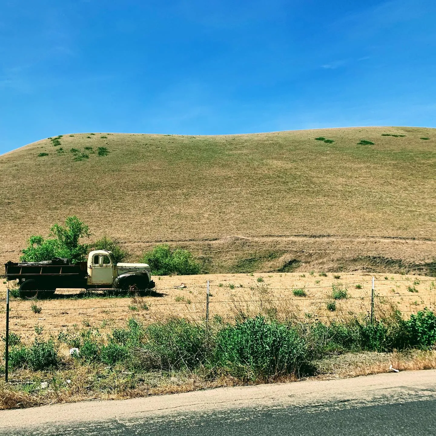 An old green pickup truck parked by the road below a dry grassy hill.