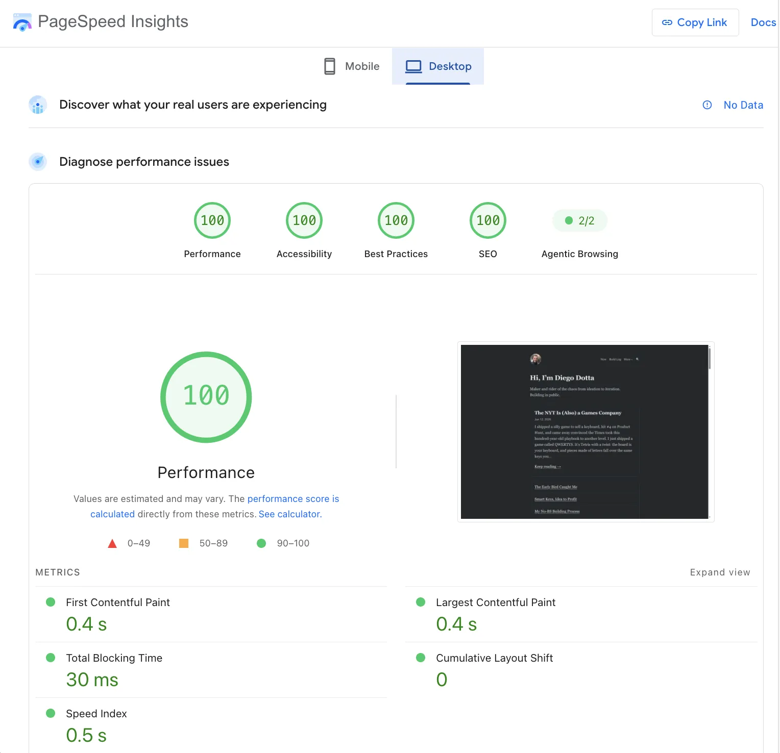 PageSpeed Insights desktop report for diego.horse, 100 for Performance, Accessibility, Best Practices and SEO, 2 out of 2 for Agentic Browsing, with First Contentful Paint 0.4 s, Largest Contentful Paint 0.4 s, Total Blocking Time 30 ms, Cumulative Layout Shift 0 and Speed Index 0.5 s.