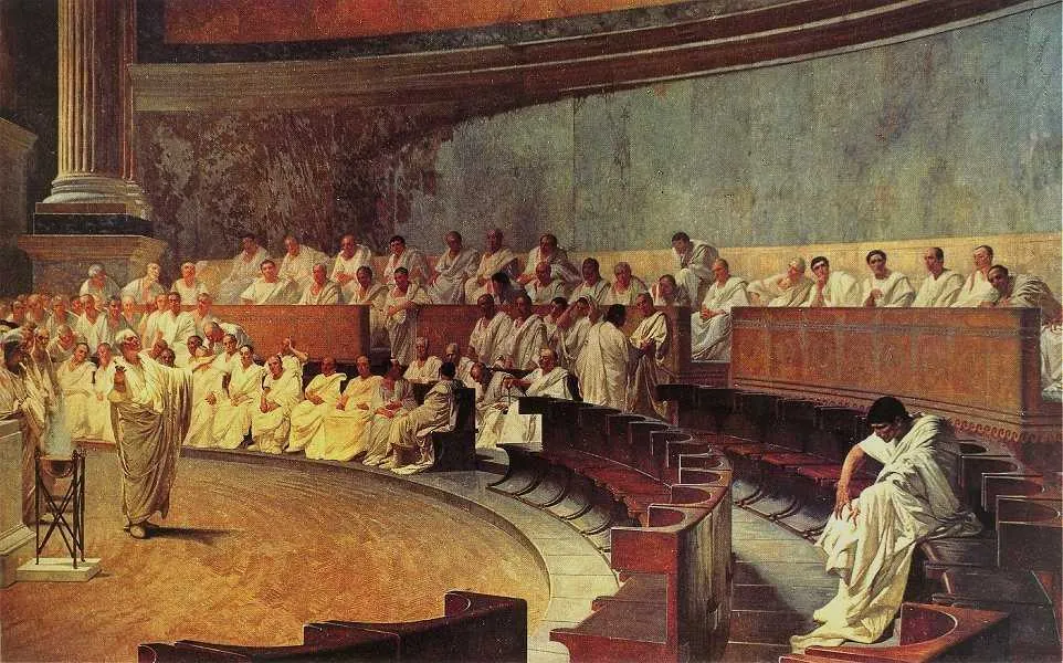 A 19th-century fresco of the Roman Senate. Cicero, in a white toga, speaks with his arm raised to rows of seated senators, all men in white togas, while Catiline sits alone on an empty bench on the right.