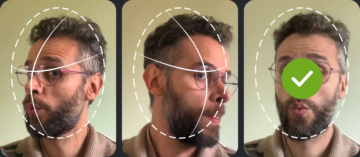 Three frames from the e-Título face check, each with a dashed white oval around Diego's face. In the first he turns his head to the left and in the second to the right, with white sketch lines on his face curving the way he looks. In the third he faces the camera, lips pursed, with a green check mark in the middle of his face.